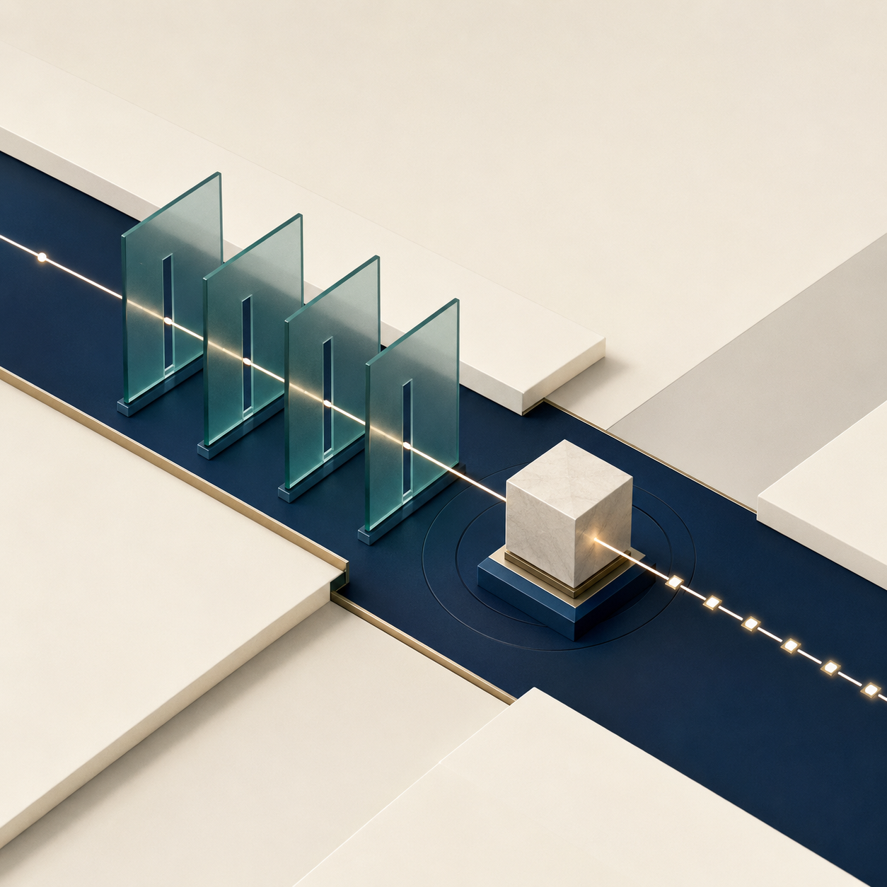 Beam of AI requests passing through gated policy checkpoints
